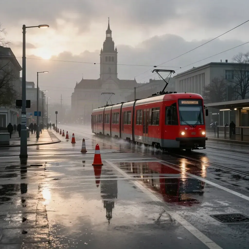 Rote Stadtbahn an der Arnulf-Klett-Platz-Kurve vor dem Hauptbahnhof im Morgenregen.