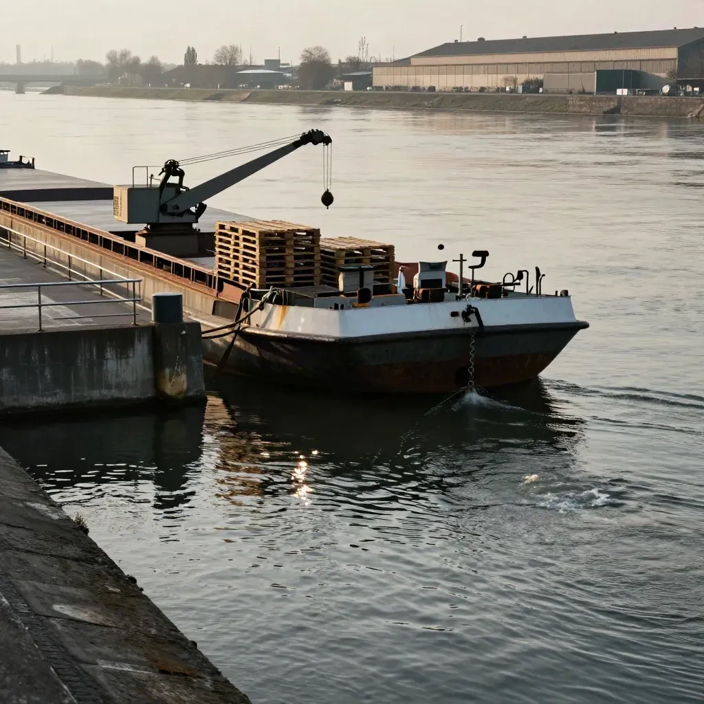 Lastkahn am Neckarufer legt an, mit Kranarm, Lagerhalle und ruhigem Wasser.