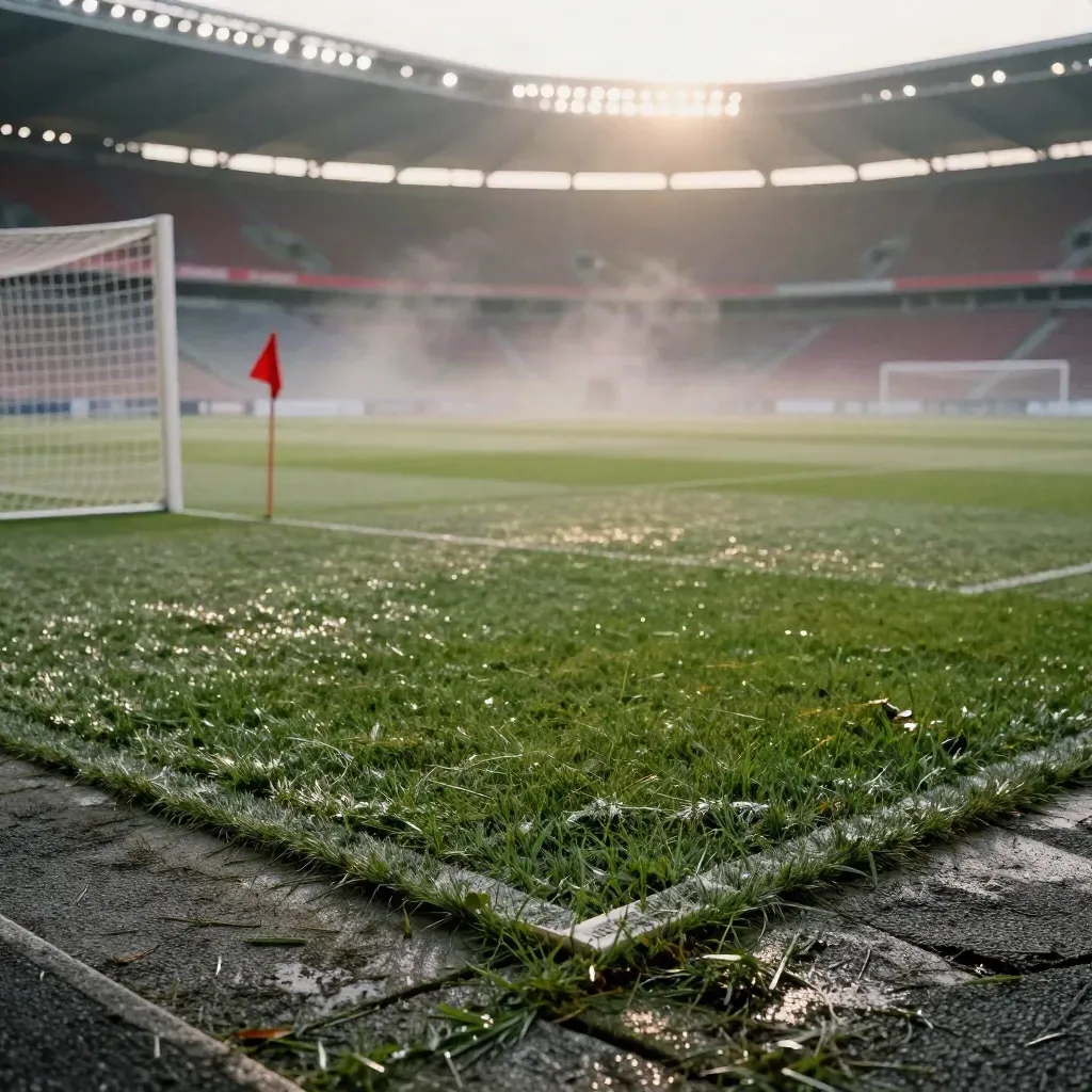 Nach dem Abpfiff dampft der Rasen im Stadion, ein schlaffes Tornetz liegt im Abendlicht.