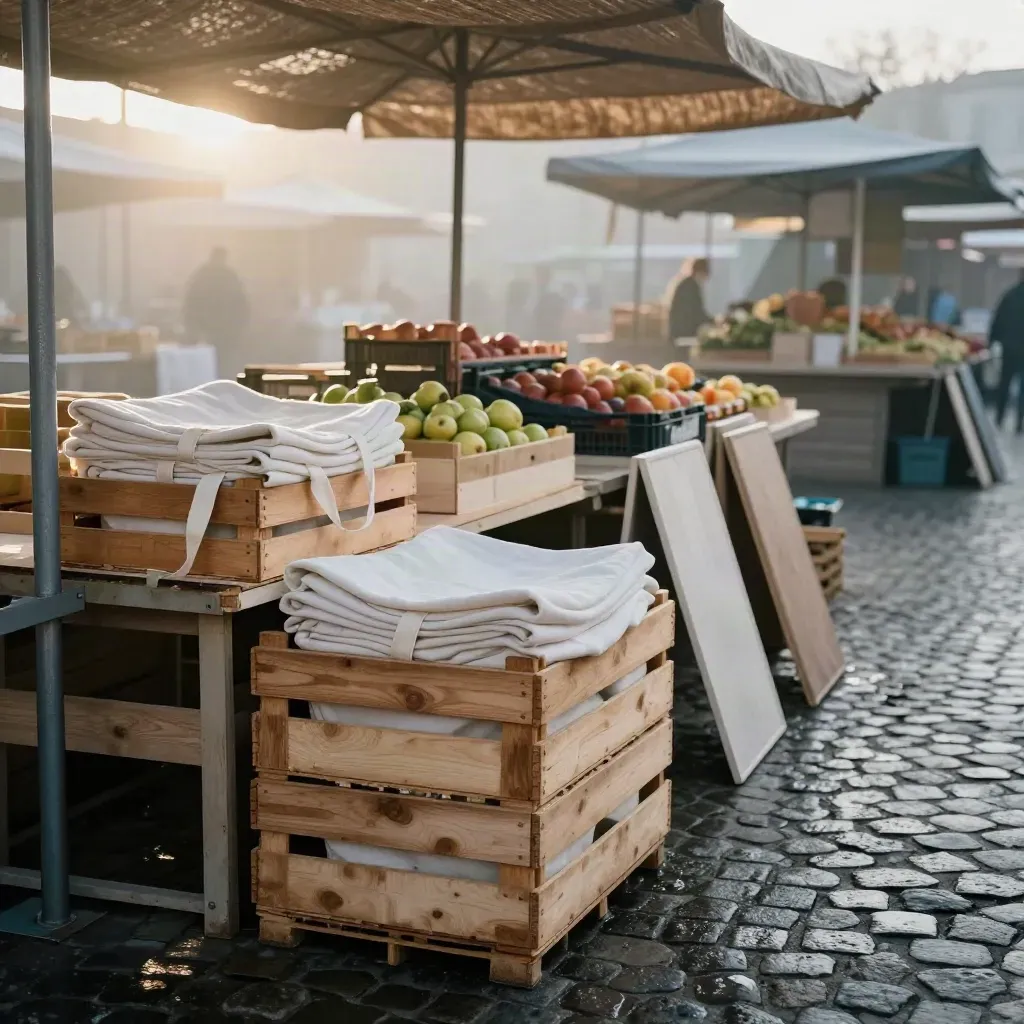 Leere Wochenmarktstände mit Holzkisten auf feuchtem Kopfsteinpflaster im Morgenlicht.